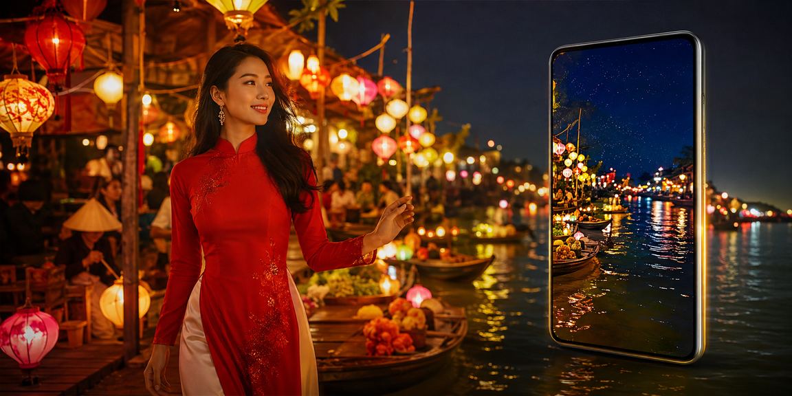 Người phụ nữ áo dài tại Hội An sử dụng ứng dụng casino và hỗ trợ trên điện thoại