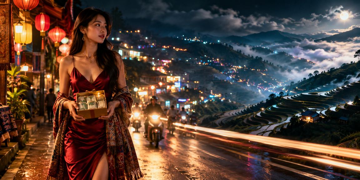 Khung cảnh chợ đêm Sapa với người dùng đang xem kèo thể thao trên điện thoại buổi tối